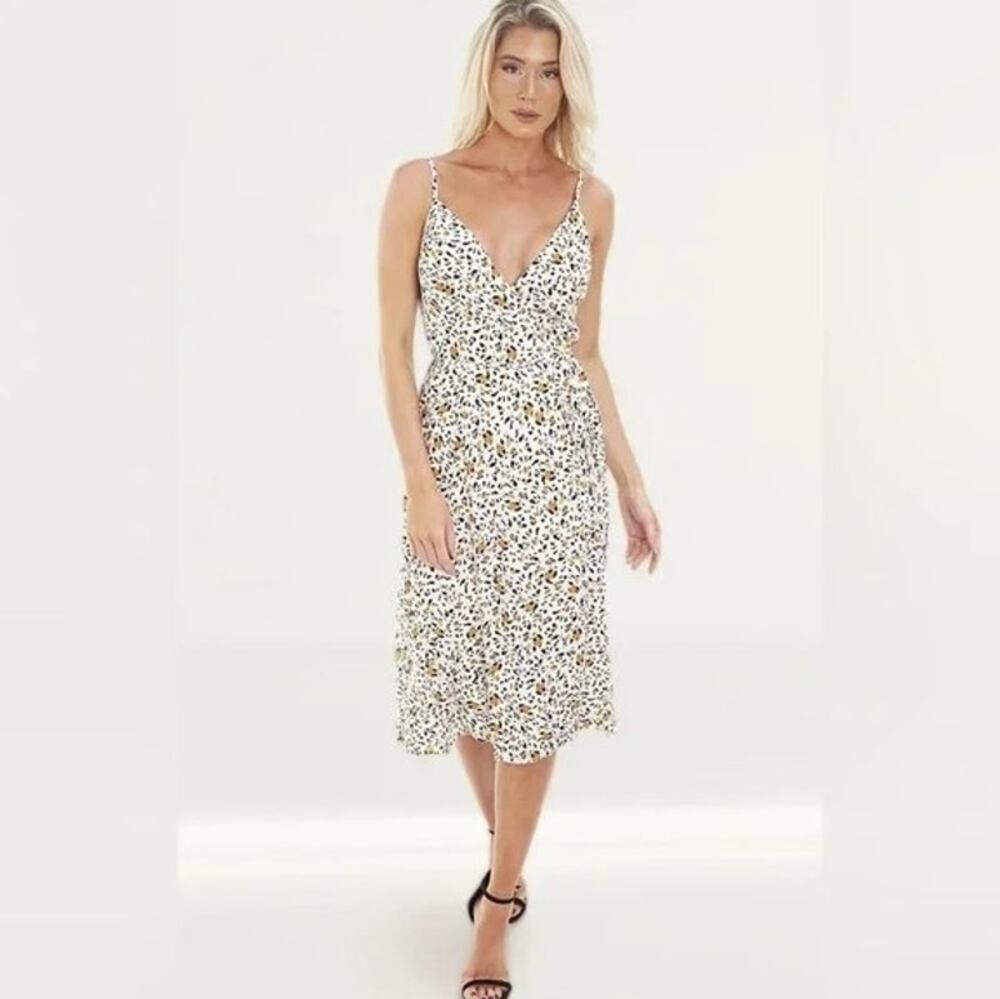 WAYF Rosie Wrap Dress Cream Animal Leopard Print Large Adjustable Straps Slit